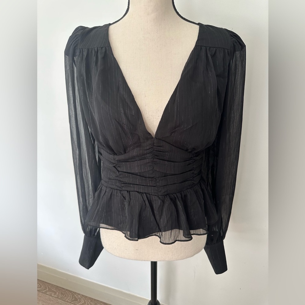 Wayf Cutout  Halter Top Medium Blouse Black Metallic Striping Sheer Long Sleeve